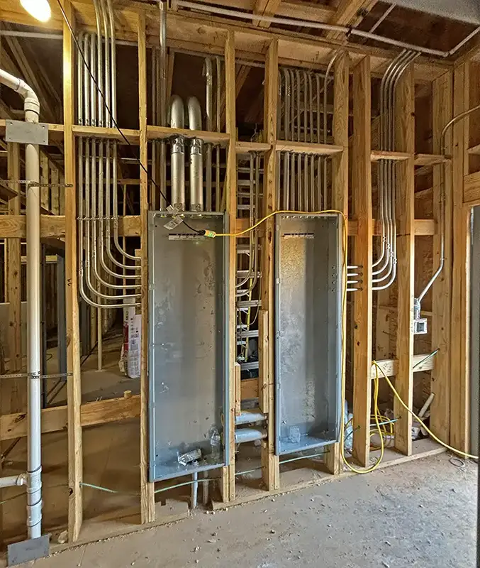 electrical panels and wiring on interior of building under construction
