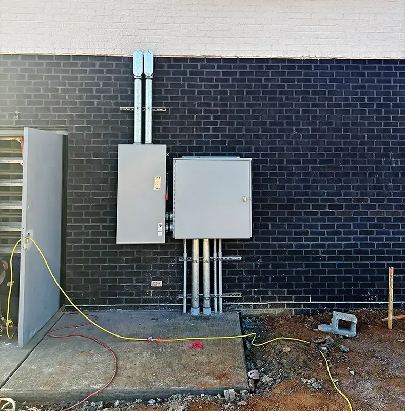 electrical panels and wiring on brick building exterior