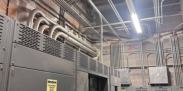 electrical panels and wiring inside a concrete room